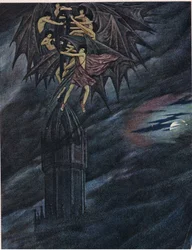 Lucifer och hans änglar skyndar sig! Påskynda! O ni andar, släp från dess station det tunga korset av järn