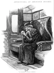 Arthur Conan Doyle The Adventure of the Final Problem Strand Magazine, London, 1893. Illustrerad av Sidney E. Paget (1860-1908), den första konstnären som ritade Holmes. Holmes, som gammal italiensk präst, väntar på att Boat Train ska dra ut från Victoria 