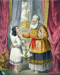 Eli ifrågasätter Samuel angående visionen, från en bibel tryckt av Edward Gover