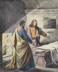 Petrus och Johannes vid graven, "Han är uppstånden" (färgad gravyr)