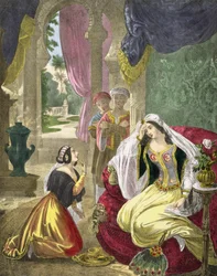 The Captive Hebrew Maid That Waited on Naamans Wife, från en bibel tryckt av Edward Gover, 1870-talet