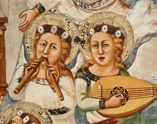 Jungfruns liv: "" Dormition and the Assumption of the Virgin"" Detalj som visar musikernas änglar som spelar flöjt med två näbbar och lutan - Fresk från School of Siena (1300-talet) Klostret St. Benedetto (Sacro Speco) ), Kapell i t