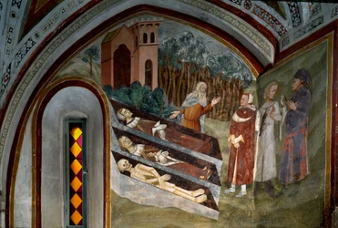 De dödas möte med levande Detalj av en fresk från skolan i Siena. 1300-talet. Klostret Saint Benoit (Sacro Speco), trappa, Subiaco (Rom), Italien