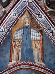 Representation av Jungfru Maria Kyrkans moder Fresk av Jungfrukapellet gjord av skolan i Siena på 1300-talet - Klostret St. Benedetto (Sacro Speco), Subiaco (Rom), Italien