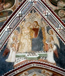 Jungfruns kröning. Fresk i Jungfrukapellet, utförd av den sienesiska skolan på 1300-talet. San Benedetto-klostret (Sacro Speco), Subiaco (Rom), Italien