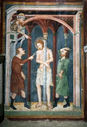 Den pryglada fresken av skolan i Siena. 1300-talet. Överlägsen kyrka. Klostret Saint Benedetto