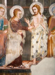 Aposteln Thomas Details incredulite. Fresk av skolan i Siena. 1300-talet. Överlägsen kyrka. Klostret Saint Benedetto (Sacro Speco), Subiaco (Rom), Italien