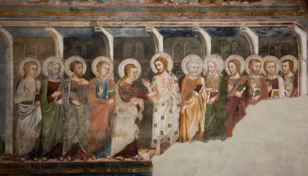 Den incredulite av aposteln Thomas Fresco från skolan i Siena. 1300-talet. Överlägsen kyrka. Klostret Saint Benedetto (Sacro Speco), Subiaco (Rom), Italien