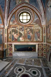 Födelsekomsten och tillbedjan av Magi Fresco School of Siena. 1300-talet. Jungfrukapell. Klostret Saint Benedetto (Sacro Speco), Subiaco (Rom), Italien