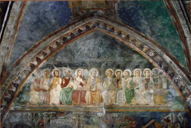 De tolv apotrerna Detalj av en fresk från skolan i Siena. 1300-talet. Klostret St. Benedictus (Sacro Speco), Superior Church i Subiaco (Rom), Italien