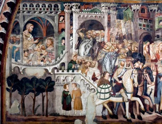 Vy över detaljen av en fresk som dekorerar den övre kyrkan som föreställer Montee på Golgata: till vänster Jesus framför Pontius Pilatus. Realiserad av skolan i Siena från början av 1300-talet. Klostret Saint Benedetto (Sacro Speco), Su