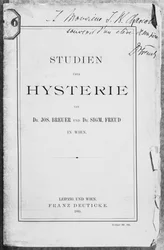 Framsidan av "Studien uber Hysterie" av Josef Breuer (1842-1925) och Freud, tillägnad Jean Charcot (1867-1936) Leipzig och Wien, utgiven av Franz Deuticke, 1895