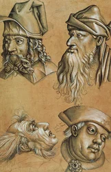 Studies of Four Heads for a Passion Series (penna & bläck, tvätt och kroppsfärg på papper)