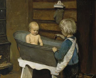 Barn som leker i ett tvättkar (olja på duk)