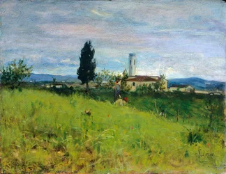 Kyrka på landet, av Silvestro Lega (1826-1895), olja på panel, 29x38 cm