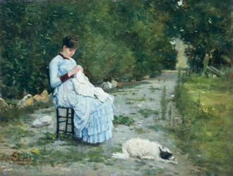 I trädgården, av Silvestro Lega (1826-1895), olja på panel, 29x38 cm