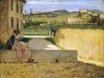 I skuggan av en villa, av Silvestro Lega (1826-1895), 34x46 cm