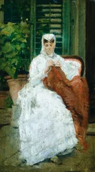 Damsömnad, av Silvestro Lega (1826-1895), Olja på panel, 27,5x15,5 cm