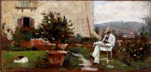 Luigi Tommasi i sin trädgård (målning på en trälåda