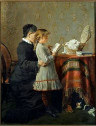 Läsläxa. En sjuksköterska lär sig läsa en liten flicka. Målning av Silvestro Lega (1826-1895) Ec. Ital
