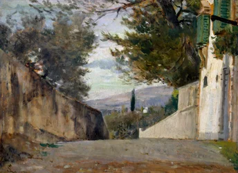 Salita del Pellegrino i Florens, av Silvestro Lega (1826-1895), olja på panel, 24x35 cm, Italien