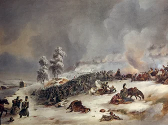 Pensionering från Ryssland 1812: ”” Ricard-divisionen i slaget vid Krasnoe den 18/11/1812, kl. 09.00.”” Akvarellmålning av Simeon Fort (1793-1861) Sön. 0,6x0,99 m.