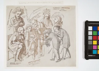 Simeon Solomons och Henry Holidays konstnärliga hjältar, ca 1856-57 (grafit, brunt och svart bläck på papper)