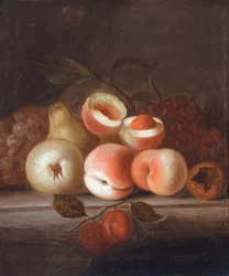 Ett stilleben med persikor och annan frukt (olja på duk)