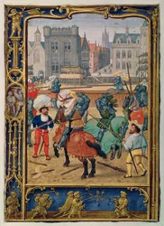 Lägg till 24098 f.23v juni: tornerspel och en lek med hobbyhästar, från en timbok eller golfboken, c.1520-30 (vellum)