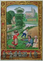 Lägg till 24098 f.25v augusti: Skörd nära en flod, från en timbok, eller golfboken, c.1520-30 (vellum)