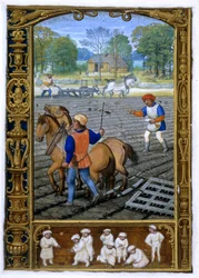 Lägg till. 24098, f.26v september: Plöjning och sådd, från en timbok, eller golfboken, c.1520-30 (vellum)