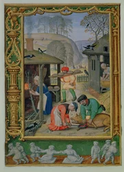 Lägg till 24098 f.29v December: Förbereda mat för vintern, baka bröd och döda en gris, från en timbok, eller golfboken, c.1520-30 (vellum)
