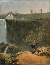 Elisabeth Louise Vigée-Lebrun ritar Tivolis vattenfall med sin dotter Julie och hennes guvernant (olja på papper monterad på duk)