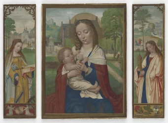 Jungfru och barn; De heliga Katarina och Barbara, ca 1520 (tempera på veläng)