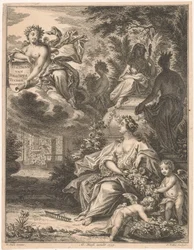 Flora i en trädgård Titelsida för: Tielman van Bracht, Tuingedagen. I sex kurser, 1754