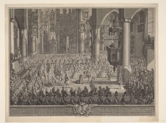 Karel Christiaan van Nassau-Weilburgs äktenskap med prinsessan Carolina, 1760 Bild av den högtidliga bröllopsstationen för (...) Prince of Nassau Weilburg med (...) Carolina van Oranje & Nassau onsdagen den 5 mars 1760 i Groote Kerk in 