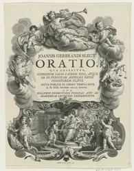 Minerva lauwert een jongeman met bul Titelsida för: J.G. Slegt, Oration där det hävdas att Nimrod falskeligen är far till Nina (...), 1747