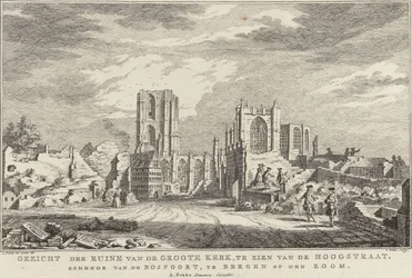 Ruinen av den stora kyrkan i Bergen op Zoom, 1748 Utsikt över ruinerna av Groote Kerk, sett från Hoogstraat, från Bospoort, i Bergen op den Zoom (titel på objekt) Tio ansikten av ruinerna efter belägringen och förstörelsen av Bergen op Z
