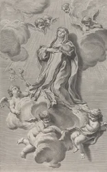 Den heliga Katarina av Sienas extas, knästående på ett moln som bärs av änglar, en av ..., 1729-40.