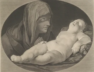 Jungfrun i bön, tittar på det sovande spädbarnet Kristus, i en oval ram, efter Reni,..., 1765.