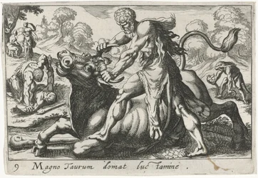 Hercules i strid med Achelous Han tämjer en stor tjur genom brottning (titel på föremål) Herculische teman (serietitel)