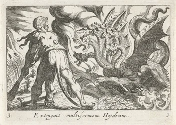 Hercules kämpar mot Lernas hydra Extinguit multiform Hydram (titel på objekt) Herculean Themes (serietitel)