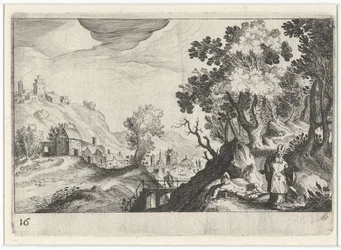 Kuperat landskap med den barmhärtige samariten Sydeuropeiska landskap (serietitel) Topographia variarum regionum (serietitel)