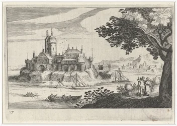 Kuperat landskap med ett slott på en ö Sydeuropeiska landskap (serietitel) Topographia variarum regionum (serietitel)