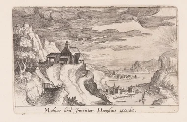 Landskap med en floddal och en kyrka på en kulle, från Topographia Variarum Regionum