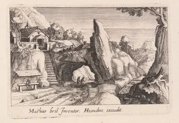 Par av figurer som går under en klippbro, från Topographia Variarum Regionum