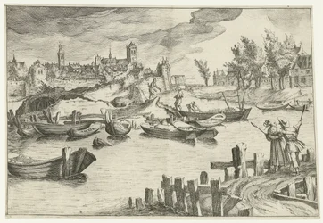 Flodlandskap med en stad i bakgrunden Landskap med figurer (serietitel)