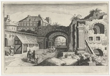 Stadsbild med en ruin Sydeuropeiska landskap (serietitel) Topographia variarum regionum (serietitel)
