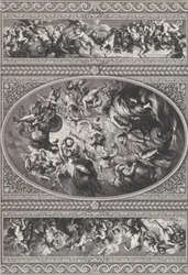 James I:s apoteos i en oval i mitten, friser med putti och girlander på antingen ..., 1720.