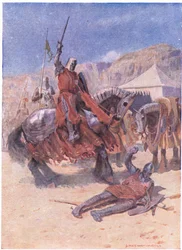 Sir Kenneths lans hade gått igenom skölden (färg litho)